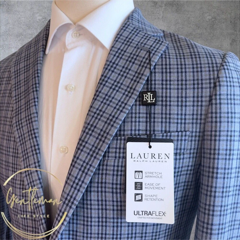RALPH LAUREN Mens Blazer Sport Coat Two Button Suit Jacket 38R Blue Plaid Linen